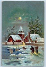 1907 Christmas Houses Winter Scene Pine Tress Embossed Antique Posted Postcard picture