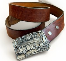 Vintage 1985 Siskiyou Firefighter Belt Buckle FD With Leather Belt Size 38 picture