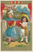 VALENTINE'S DAY - Two Girls Holding Big Hearts Art Deco Valentines Greetings picture