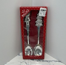 Vintage Wallace Silver Plated Salad Server Fork Spoon Set Christmas Tree Santa picture