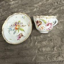 Vintage Dresden FLORAL GOLD Tea Cup & Saucer AR Crown MEISSEN at the bottom picture