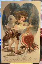Antique Real Hair Valentine Postcard Novelty Cupid Snowshoes Heart Fire 1910s J2 picture