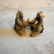 Vintage Chinese Mudman Figurine 3 Elders at Table Clay Pottery 3.5” picture