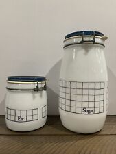 Vtg Wheaton Farmhouse White & Blue Milk Glass Clamp Seal Canister Sugar picture