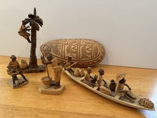 Hand Carved Nigerian Yoruba Thorn Wood Villagers & Longboat picture