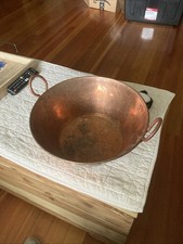 Antique 13” x 5 1/2”Hammered Copper Jam Pan Rolled Rim Brass Handle Great patina picture