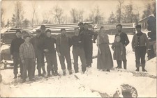 SAWMILL LOGGING CREW c1910 postcard real photo rppc winter camp picture