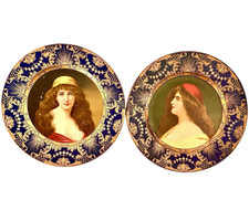 Antique Vienna Art Plates Pair Blue Gold Tin Litho Jeweler Ad 1905 Risque Maiden picture