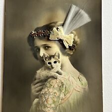 Antique RPPC Real Photograph Novelty Postcard Beautiful Woman Cat Cut Out Eyes picture