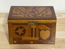 OOAK Antique ? Handmade American Inlaid Patriotic Star Heart Folk Art Wood Box picture