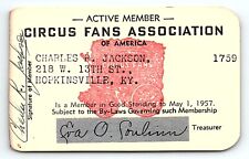 1957 CIRCUS FANS ASSOCIATION OF AMERICA MEMBERSHIP CARD CHARLES JACKSON Z1673 picture