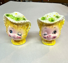Vintage 1950s Ceramic Girl Head Floral Bonnet Salt & Pepper Shakers E12 picture