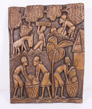 Hand Carved Ethnic Village Wood 14 x 11 Vtg Tropical Harvest Scene Plaque Haiti? picture