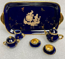 LIMOGES MINIATURE Castel TEA SET 10 Pieces COBALT BLUE GOLD picture