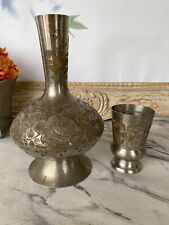 India Etched Design Brass Flower pot and glass Old Vintage Home décor picture