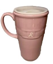 Longaberger Pottery Woven Traditions Travel Coffee Mug Breast Cancer Pink & Lid picture
