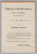 1879 Buffalo Chautauqua Lake & Pittsburgh Railway Notice Archer N Martin Signed picture