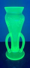 Vintage Fostoria Green Uranium Glass 2 Handle Floral Etched Trophy 8