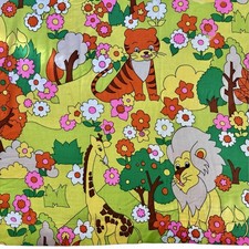 Vtg 70s Mod Novelty Colorful 3 Curtain Panels 39 X 37 Jungle Animals Yellow Pink picture