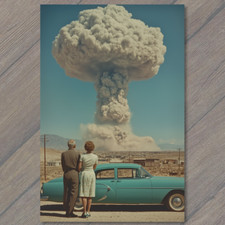 POSTCARD Desert Scene Car Atomic Nuclear Bomb Cloud Retro Style Couple Surreal picture