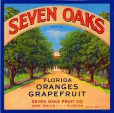 Seven Oaks Brand Oranges Lake Wales Florida Citrus Fruit Crate Label Art Print picture