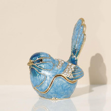 Exquisite Hand - Painted Enamel Blue Bird Trinket Box Hinged Rhinestone - Adorne picture