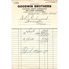 Goodwin Brothers Clothing Southbridge MA 1925 Original Billhead Receipt D8-LL picture