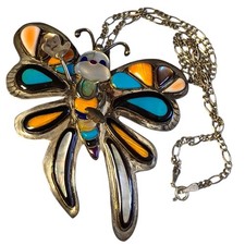 Rare Zuni happy butterfly waving Sterling Silver Mosaic Inland Brooch Necklace  picture