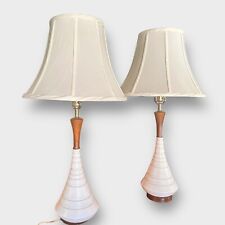 Vintage 1960s Mid Century Modern Table Lamps Creamy White Ceramic With Wood Neck picture