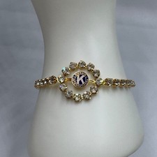 Vintage Kiwanis International Gold Tone Rhinestone Bracelet Blue Enamel Logo picture