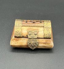 Vintage Handcrafted Camel Bone & Brass Hinged Trinket Box from India ~ OWL Latch picture