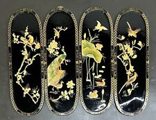4 VTG Oriental Mother of Pearl Black Lacquer Asian Wall Art Plaque Panels Birds picture