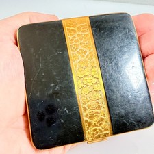 Vintage Powder Compact Black Enamel Gold Tone Mirror Floral Design Unbranded 40s picture