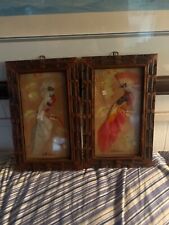 2 Vintage Mexican Folk Art Feathercraft Bird Feather Pictures Wood Frames picture