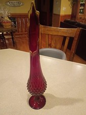 Vintage Fenton Hobnail Footed 17” Ruby Red & Yellow Amberina Swung Vase  picture