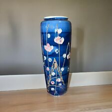 Vintage Vase Cobalt Blue Glaze Majolica Cherry Blooms 11.75