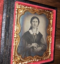 1860s Ambrotype Pretty Girl Painted Gold Jewelry Holding MOP Photo Case picture