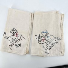Vintage Hand Embroidered Natural Undyed Cotton Tea Cloth or Heavy Towels Wedding picture