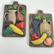 Vibrant Vtg Chalkware Decorative Plaques Fruit and Veggies on Cutting Board 2 Pc picture