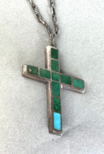 Old Pawn Taxco Sterling Silver Turquoise Cross Necklace picture