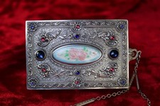 RARE Antique French Sterling Silver Guilloché Enamel Compact | Jeweled c. 1920s picture