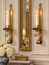 2 VTG Gold Iron Flower Scroll Wall Sconces Taper Candle Holder Hollywood Regency picture