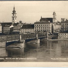 1925 Linz Austria Danube River RPPC Postcard Bridge City Skyline Cathedral Photo picture