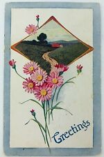 Vintage Greetings Postcard Pink Daisies and Country Lane Scene 1910 picture