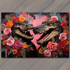 POSTCARD Alligator Crocodile Valentine’s Day Celebration Hearts Flowers picture