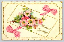 Heartiest Greetings Pink Flowers And Bows VINTAGE Postcard picture