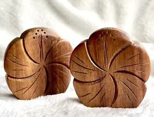 Vintage 1940s Salt And Pepper Shakers Hand Carved Wooden Hibiscus Flower Hawaii picture