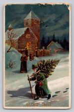 Green Santa Claus Carrying Tree Snow Church People Gel Christmas P691 picture
