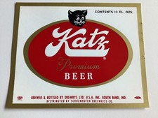 KATZ BEER LABEL, DREWRYS BREWING CO VINTAGE 1960s BLACK KITTY CAT HALLOWEEN picture