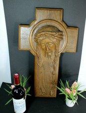 LARGE french wood carved wall plaque christ 1951 dated religious  picture